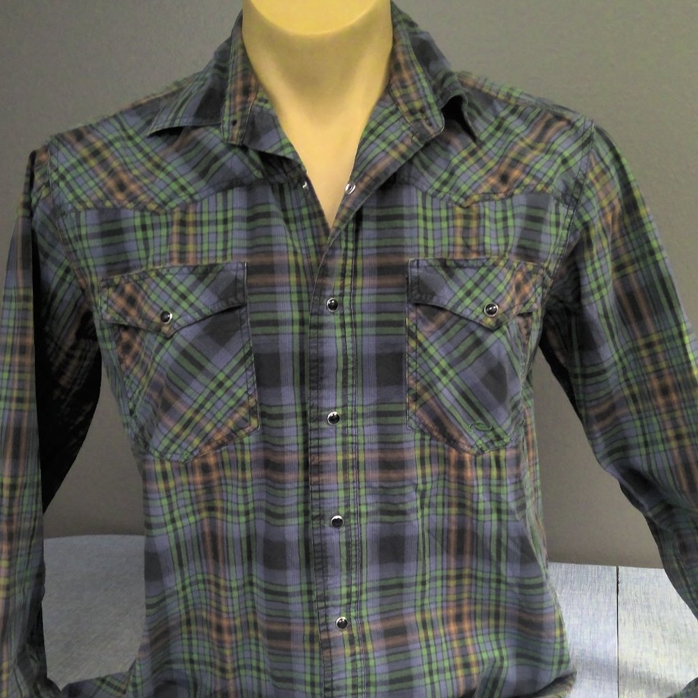 Roper Western Pearl Snap Shirt Long Sleeve Green Plaid Men's Medium